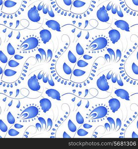 Seamless texture with floral ornament in the Gzhel style. Vector illustration.