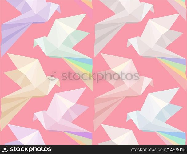 Seamless texture with multi colored origami doves on a pink background. Vector background for your creativity. Seamless texture with multi colored origami doves on a pink background.