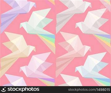 Seamless texture with multi colored origami doves on a pink background. Vector background for your creativity. Seamless texture with multi colored origami doves on a pink background.
