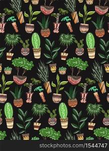 Seamless texture with of cartoon home flowers in pots with decorations on black background. Vector pattern for fabrics, wallpapers, backgrounds and your creativity. Seamless texture with of cartoon home flowers in pots with decorations on black background.