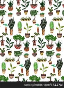 Seamless texture with of cartoon home flowers in pots with decorations on white background. Vector pattern for fabrics, wallpapers, backgrounds and your creativity. Seamless texture with of cartoon home flowers in pots with decorations on white background.
