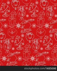 Seamless texture with outline Christmas holiday cartoon sheep. Vector background for wraps, wallpaper, fabric and your creativity. Seamless texture with outline Christmas holiday cartoon sheep. V