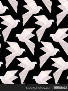 Seamless texture with paper white origami doves on a black background. Flying free birds. Vector 3d pattern for fabrics, wallpapers and for your creativity.. Seamless texture with paper white origami doves on a black background. Flying free birds. Vector 3d pattern