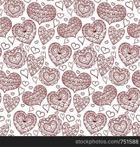 Seamless texture with red contours of the doodle hearts decorated boho patterns for your creativity. Seamless texture with red contours of the doodle hearts decorate