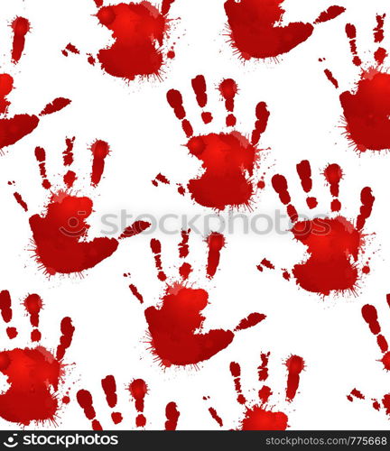 Seamless texture with red prints of children?s hands and splashes of watercolor. Vector pattern for your creativity. Seamless texture with red prints of children?s hands
