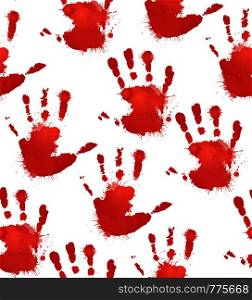 Seamless texture with red prints of children?s hands and splashes of watercolor. Vector pattern for your creativity. Seamless texture with red prints of children?s hands