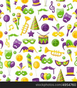 Seamless Texture with Set Carnival and Mardi Gras Icons and Objects. Illustration Seamless Texture with Set Carnival and Mardi Gras Icons and Objects, Fat Tuesday - Vector