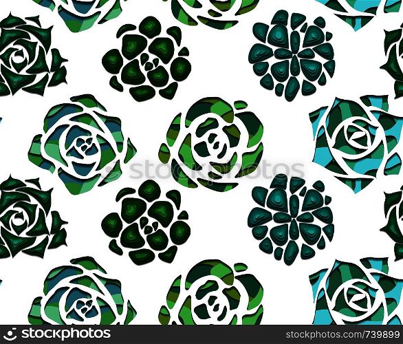 Seamless texture with succulents top view with 3d background cut out of paper in green color on white background. Vector pattern for fabrics, wallpaper and for your design. Seamless texture with succulents cut out of paper in green color with a top view on white background. Vector pattern
