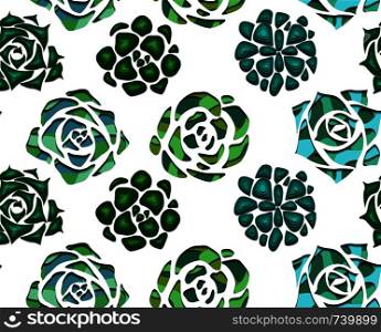 Seamless texture with succulents top view with 3d background cut out of paper in green color on white background. Vector pattern for fabrics, wallpaper and for your design. Seamless texture with succulents cut out of paper in green color with a top view on white background. Vector pattern