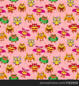 Seamless texture with various cartoon owls for children decoration on the pink pattern background