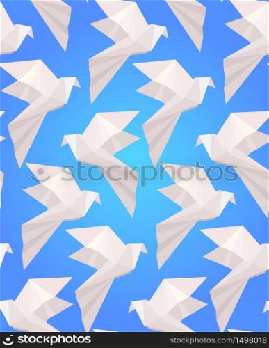 Seamless texture with white origami doves on a blue background. Vector background for your creativity. Seamless texture with white origami doves on a blue background.