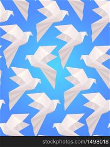 Seamless texture with white origami doves on a blue background. Vector background for your creativity. Seamless texture with white origami doves on a blue background.