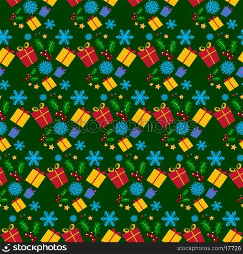 Seamless tile background with christmas gifts, snowflakes and holly