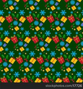 Seamless tile background with christmas gifts, snowflakes and holly