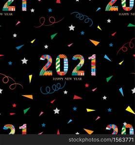 Seamless tiny paper cut happy new year 2021 with geometric shape pattern, swirled and star on black background,Cute element designs pattern for New year or Christmas wrapping paper background.