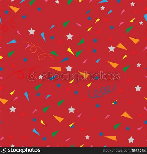 Seamless tiny paper cut in geometric shape pattern with swirled and star on red background, Cute colourful elements designs pattern for New year or Christmas wrapping paper background.