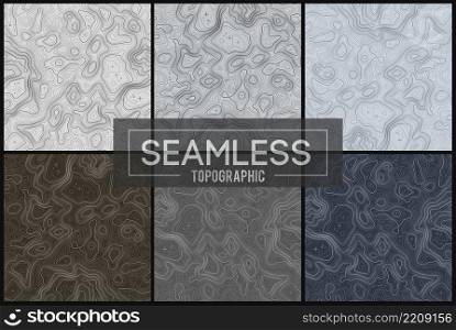 Seamless topographic maps set. World Topography map grid abstract vector illustration.. Seamless topographic maps set.Topo map with elevation. Contour map vector. Geographic World Topography map grid abstract vector illustration.