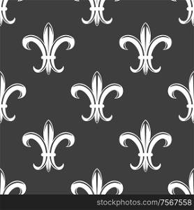 Seamless tracery floral fleur-de-lis royal white lily pattern on grey colored background. For wallpaper, tiles and fabric design