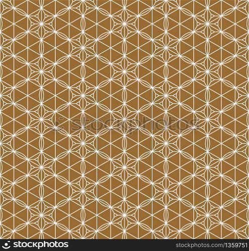 Seamless traditional geometric Japanese ornament.Golden color background and white layer lines.Average lines.For template,fabric,textile,wrapping paper,laser cutting and engraving.Compound ornament.. Seamless traditional Japanese ornament.Golden color background.White lines.