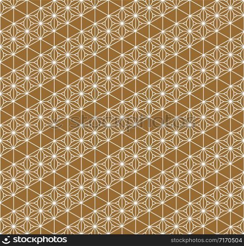 Seamless traditional geometric Japanese ornament.Golden color background and white layer lines.Hexagon grid.Medium thickness lines. Seamless traditional Japanese ornament.Golden color background.White lines.