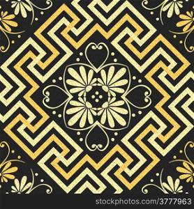 Seamless Traditional vintage golden Greek ornament (Meander) and floral pattern on a black background