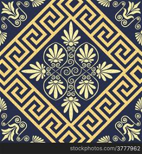 Seamless Traditional vintage golden Greek ornament (Meander) and floral pattern on a blue background