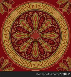 seamless Traditional vintage golden round Greek ornament (Meander) and floral pattern on a red background