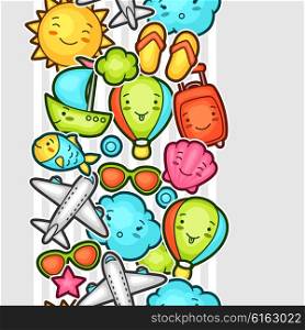 Seamless travel kawaii pattern with cute doodles. Summer collection of cheerful cartoon characters sun, airplane, ship, balloon, suitcase and decorative objects.