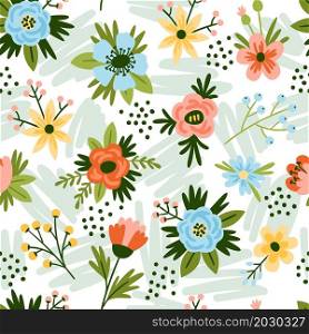 Seamless trendy flowers. Blooming plants background. Beautiful floral bouquets. Spring ornament. Hand drawn meadow botany. Blossoms and leaves. Natural print with botanical elements. Vector pattern. Seamless trendy flowers. Blooming plants background. Beautiful floral bouquets. Hand drawn meadow botany ornament. Blossoms and leaves. Print with botanical elements. Vector pattern