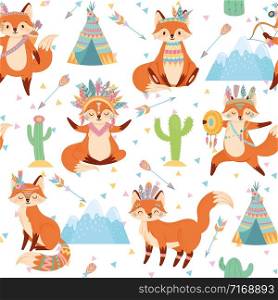 Seamless tribal fox pattern. Cute foxes in Indian feather warbonnet, wild animal and tribals tent cartoon vector illustration. Background with funny characters and ethnic native American decorations.. Seamless tribal fox pattern. Cute foxes in Indian feather warbonnet, wild animal and tribals tent cartoon vector illustration