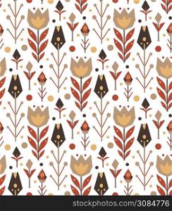 Seamless tribal pattern on a white background. Tulips and branches with leaves and dots. Vector native template for wallpaper, textile, card and your creativity. Seamless tribal pattern on a white background. Tulips and branches with leaves and dots. Vector native template