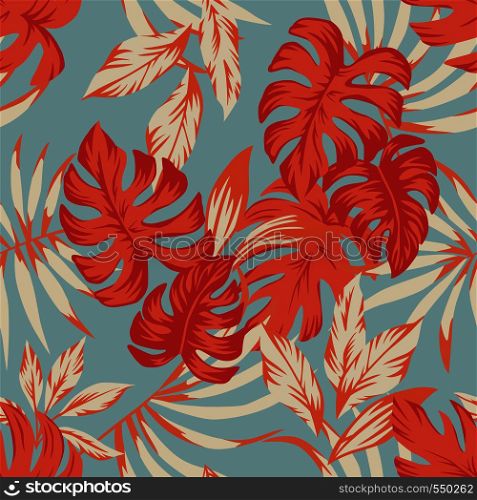 Seamless tropical autumn color leaves blue background. Exotic trendy pattern flat cartoon wallpaper