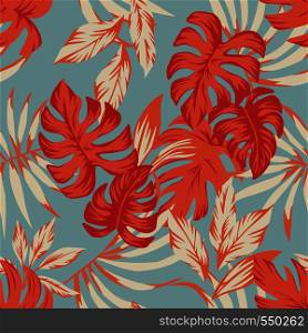 Seamless tropical autumn color leaves blue background. Exotic trendy pattern flat cartoon wallpaper