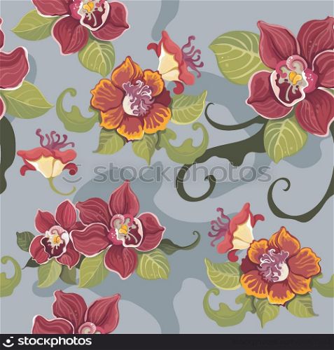 Seamless tropical decorative pattern wallpaper with colorful flowers and leaves vector illustration
