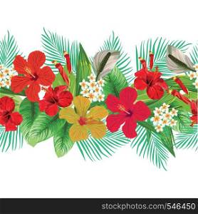 Seamless tropical hand drawn vector red yellow hibiscus and plumeria flowers leaves decorative strip line horizontal floral pattern white background