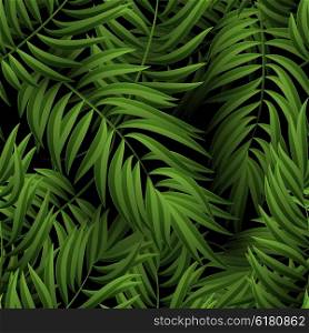 Seamless tropical jungle floral pattern with palm fronds. Vector illustration.. Seamless tropical jungle floral pattern with palm fronds. Vector illustration. Green Palm leaves pattern on black background
