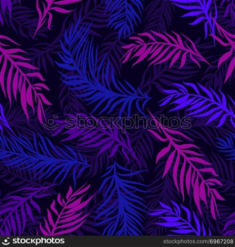 Seamless tropical palms leaves pattern. Beautiful exotic abstract design in vibrant, neon colors on dark background, can be used for clothing, textile, fashion, interior, stationery, web.. seamless tropical palms pattern