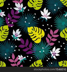 Seamless tropical Pattern. Fashion textile pattern with decorative leaves, flowers and branches on dark background. Vector illustration. Seamless tropical Pattern. Fashion textile pattern with decorative leaves, flowers and branches on dark background. Vector illustration.