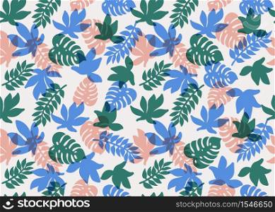 Seamless tropical pattern. Tropical plants and palm leaves in coral, teal and blue colors. Floral background. Fashion print for textile, fabric, covers, wallpapers, print, gift wrap Vector. Seamless tropical pattern. Tropical plants and palm leaves in coral, teal and blue colors. Floral background. Fashion print for textile, fabric, covers, wallpapers, print, gift wrap