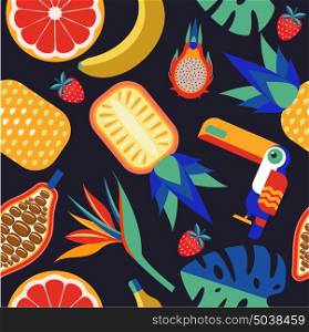 Seamless tropical pattern. Vector pattern with tropical palm leaves, exotic fruit and birds.