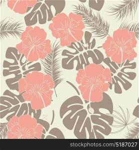 Seamless tropical pattern with monstera leaves and flowers on vanilla background, vector illustration