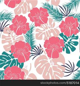 Seamless tropical pattern with monstera leaves and flowers on white background, vector illustration