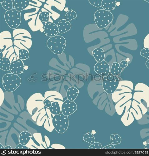 Seamless tropical pattern with monstera palm leaves, and cactus on blue background, vector illustration