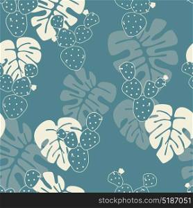 Seamless tropical pattern with monstera palm leaves, and cactus on blue background, vector illustration