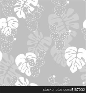 Seamless tropical pattern with monstera palm leaves, and cactus on gray background, vector illustration