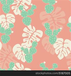 Seamless tropical pattern with monstera palm leaves, and cactus on pink background, vector illustration