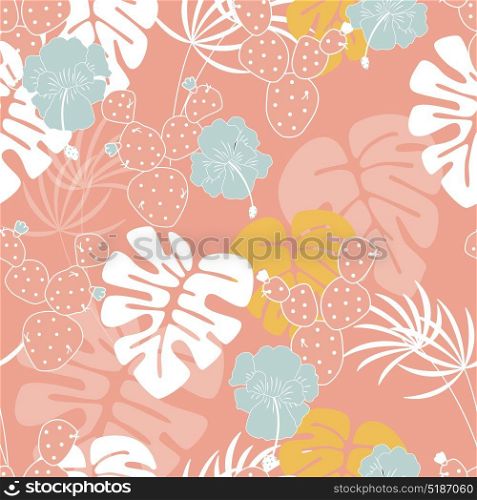 Seamless tropical pattern with monstera palm leaves, plants, flowers and cactus on pink background, vector illustration