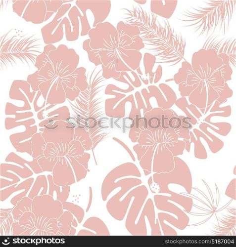 Seamless tropical pattern with pink monstera leaves and flowers on white background, vector illustration