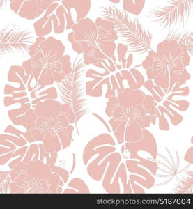 Seamless tropical pattern with pink monstera leaves and flowers on white background, vector illustration
