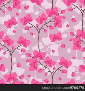 Seamless tropical pattern with stylized orchid flowers.